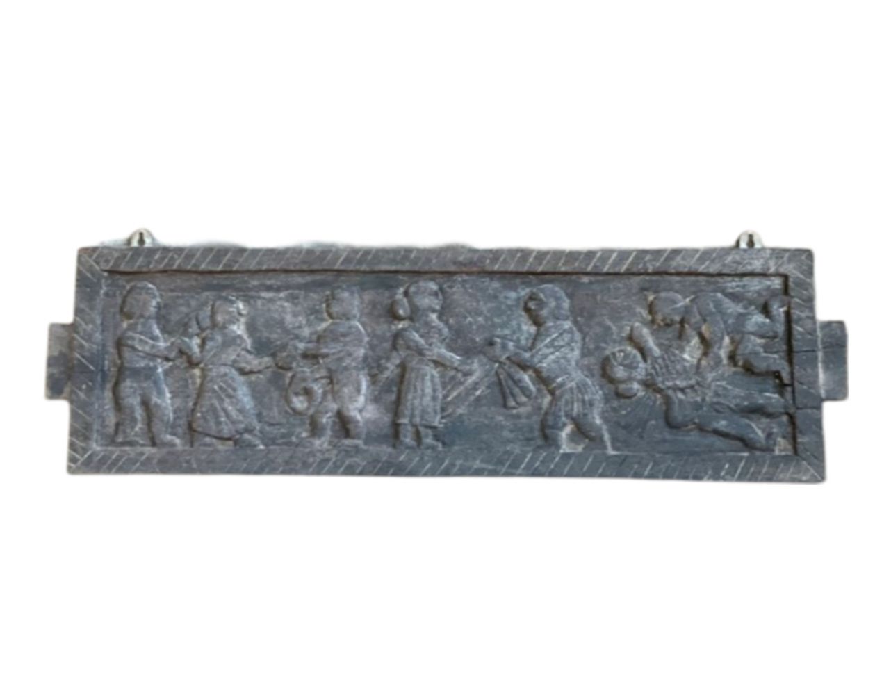Antique Indian Hand Carved Teakwood Wall Decor – Early 1900s Tribal Relief Art Depicting Communal Village Life
