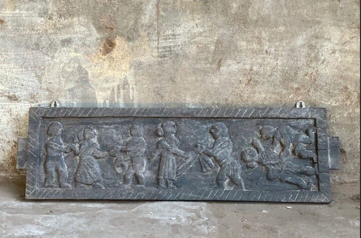 Antique Indian Hand Carved Teakwood Wall Decor – Early 1900s Tribal Relief Art Depicting Communal Village Life photo furniture