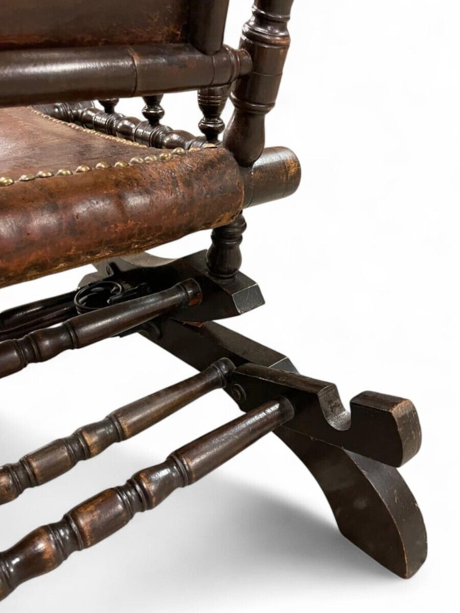 Rocking Chair, Patinated Wood And Leather, English Work, Late 19th Century photo buy