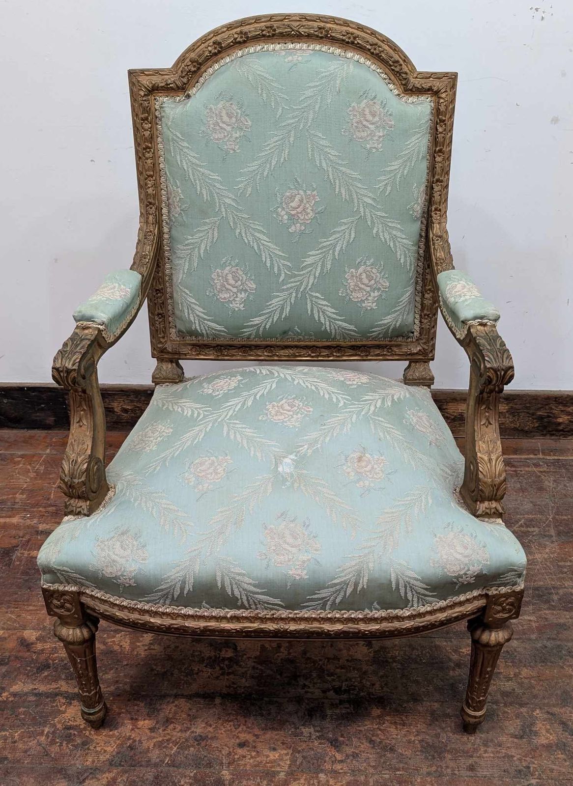 Vintage Ornate Wooden Armchair With Mint Green Floral Upholstery