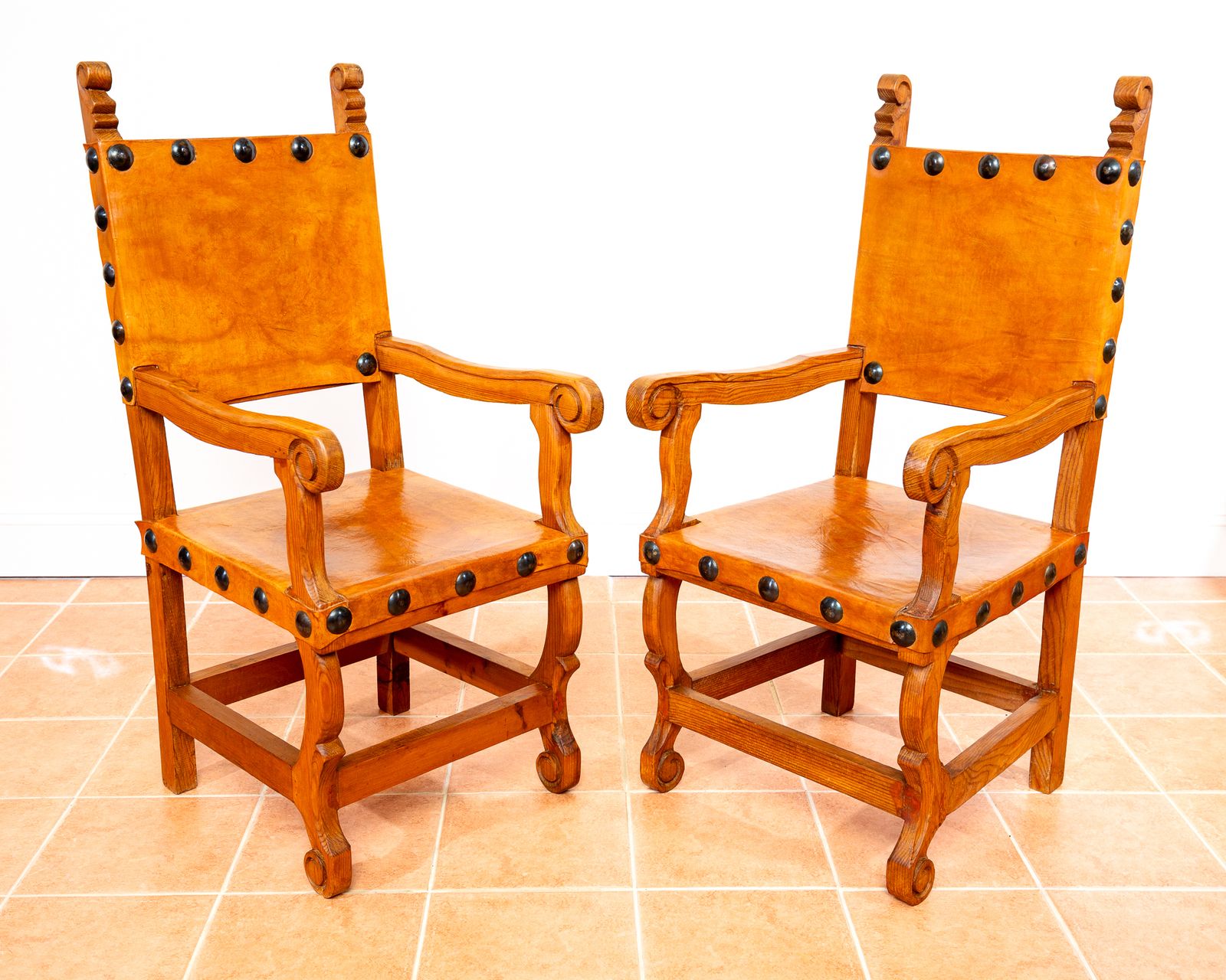 photo buy Pair Of Large Tan Leather Throne Chairs Spanish Colonial Baroque Style Mexican Studded Vintage Pine Hall Marriage Wedding Carver Dining Armchairs
