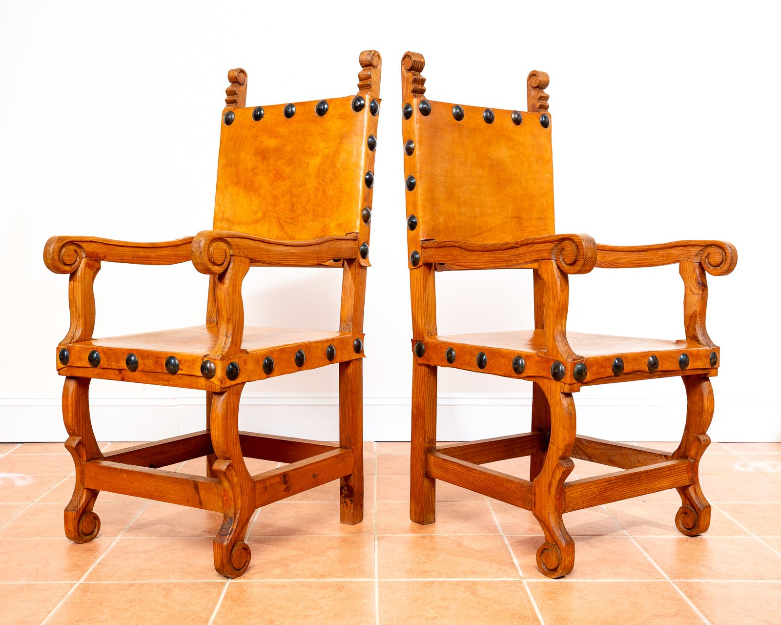 Pair Of Large Tan Leather Throne Chairs Spanish Colonial Baroque Style Mexican Studded Vintage Pine Hall Marriage Wedding Carver Dining Armchairs photo for sale