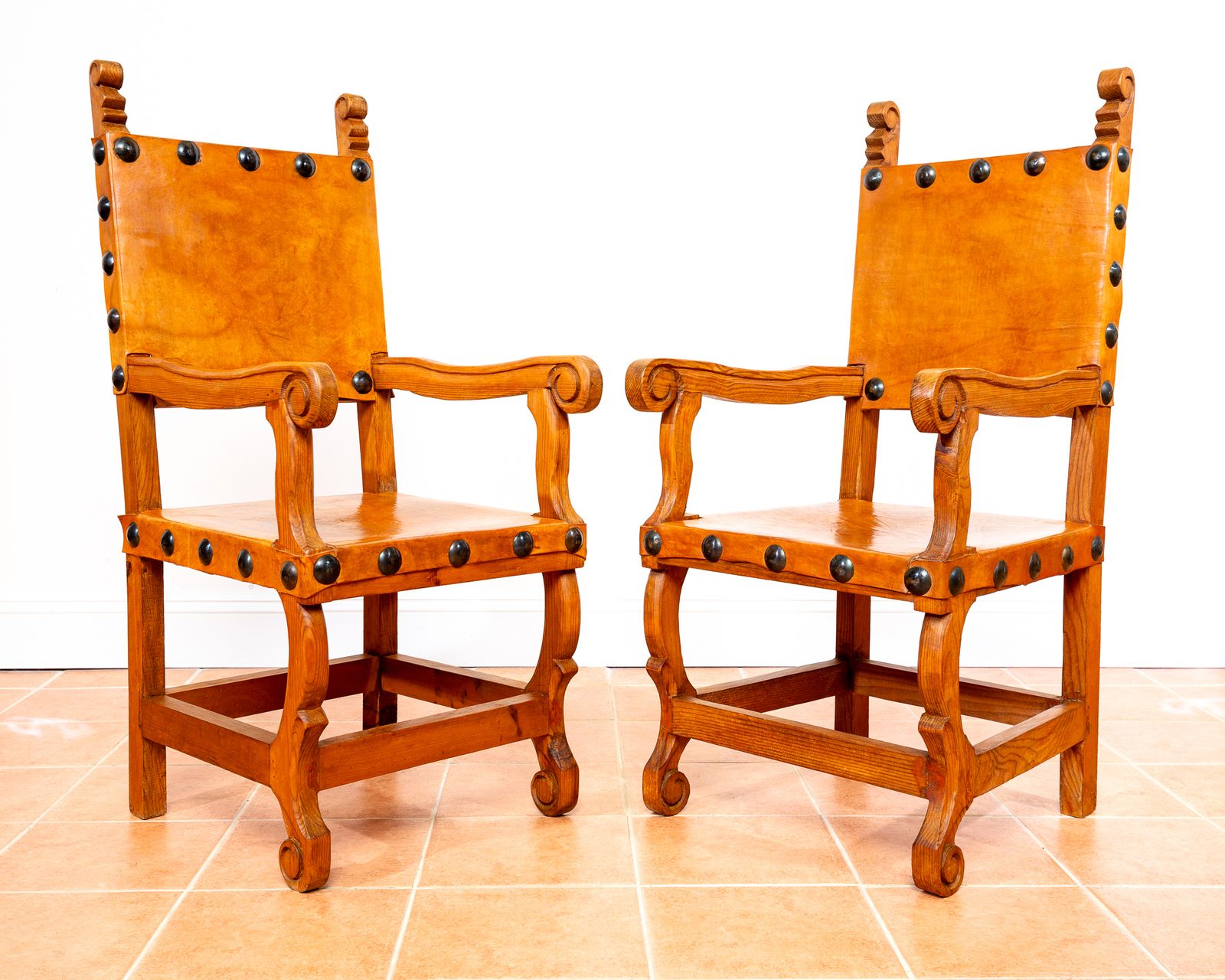 Pair Of Large Tan Leather Throne Chairs Spanish Colonial Baroque Style Mexican Studded Vintage Pine Hall Marriage Wedding Carver Dining Armchairs