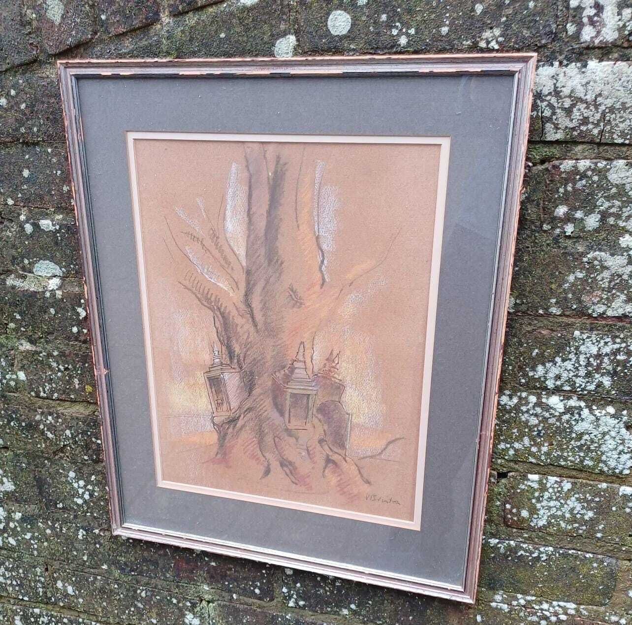 Quirky Vintage Pastel Of Tree, Lanterns And Gravestone   Mystical, Fairytale, Unusual   Vgc 53cm X 43cm