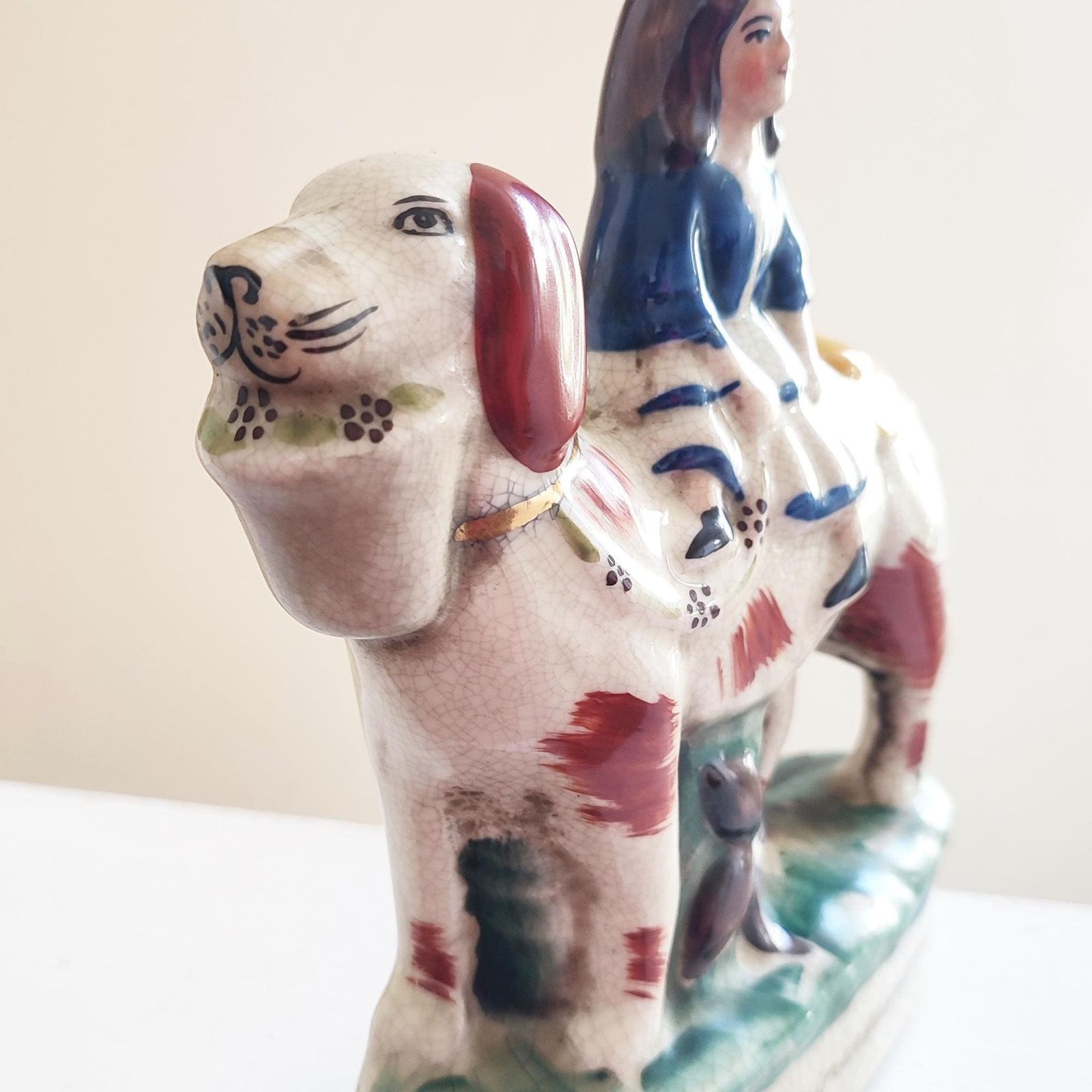 19th Century Antique Figure Of Princess On Spaniel   Staffordshire Pottery   Girl Sat On Large Dog   Classic Figurine   Shelf Mantle Display photo 120.0