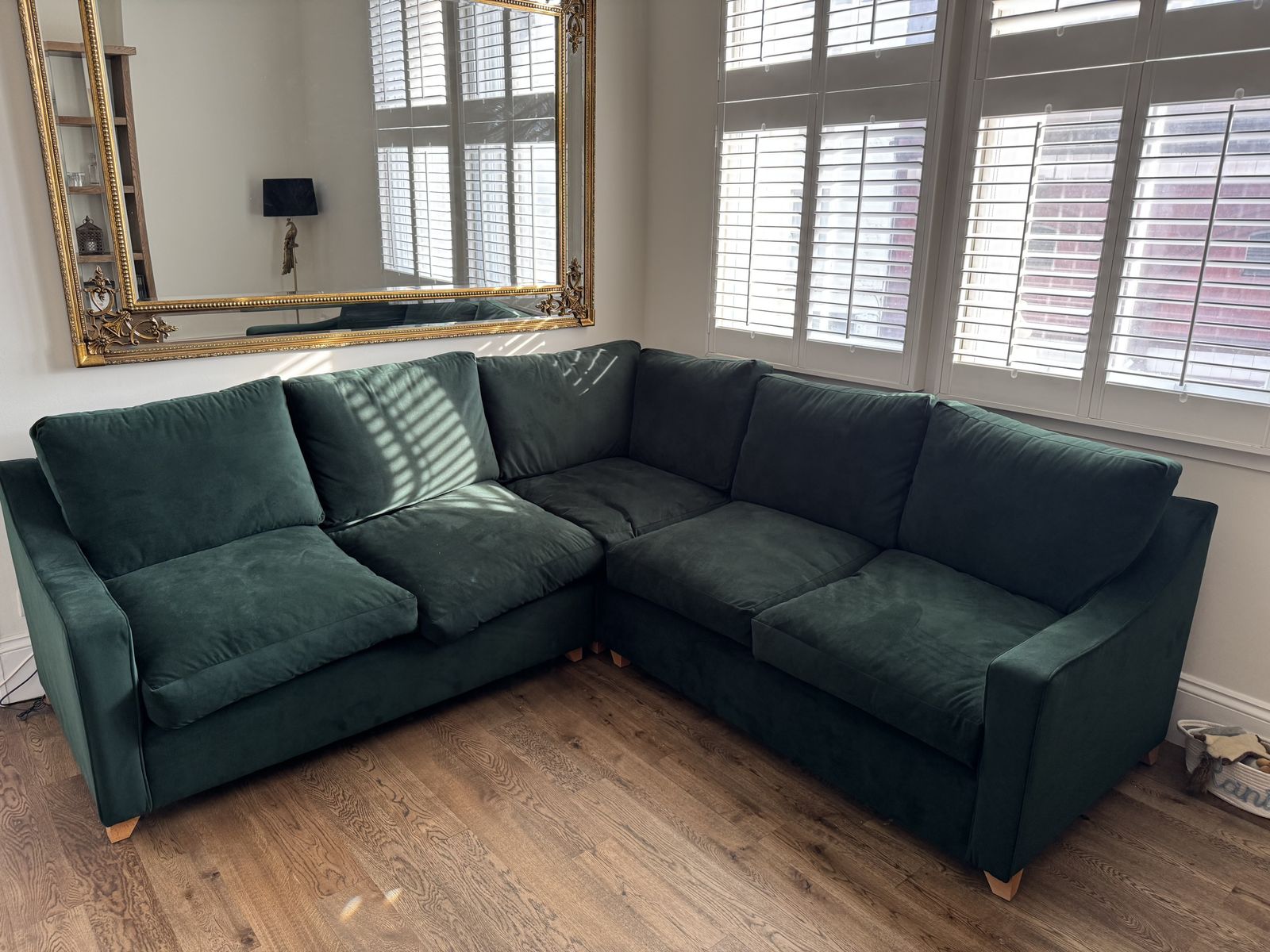 Willow And Hall 7 Seat Bisford Corner Sofa In Hunter Green Coloured Luxurious Velvet. Seat Cushions In Beautiful Soft Feather Wrapped Foam.