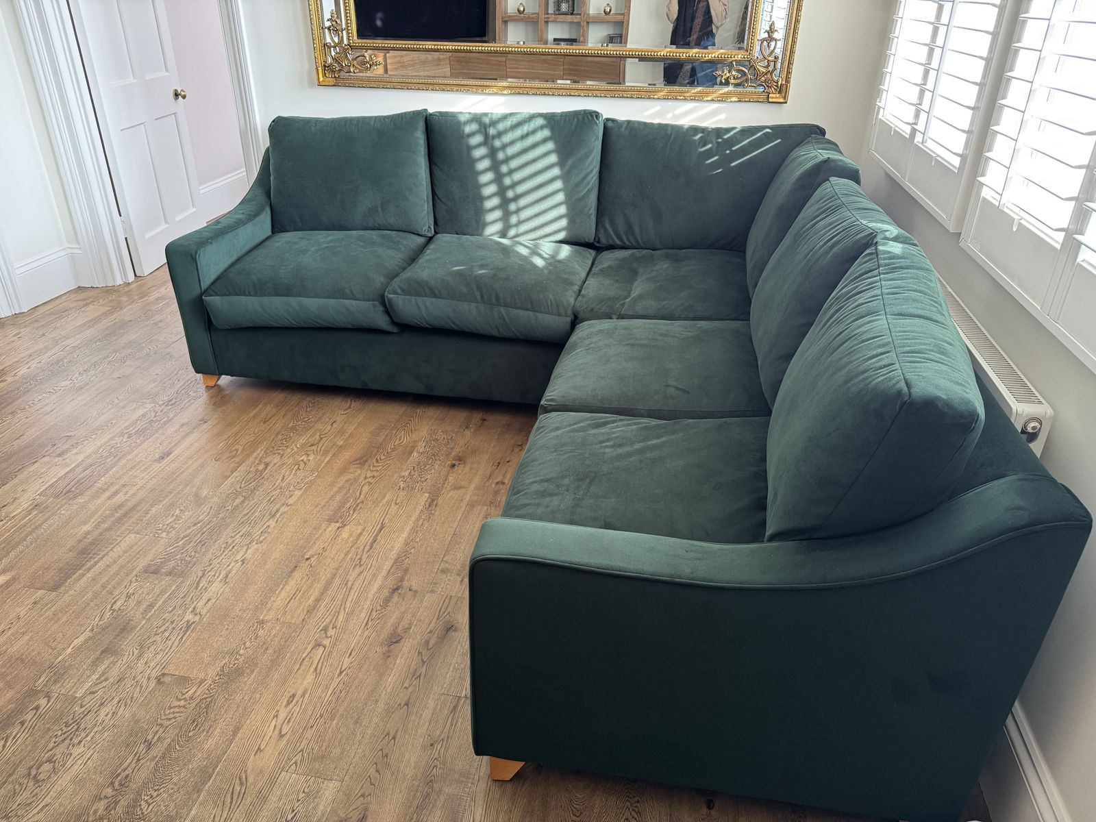 Willow And Hall 7 Seat Bisford Corner Sofa In Hunter Green Coloured Luxurious Velvet. Seat Cushions In Beautiful Soft Feather Wrapped Foam. photo for sale