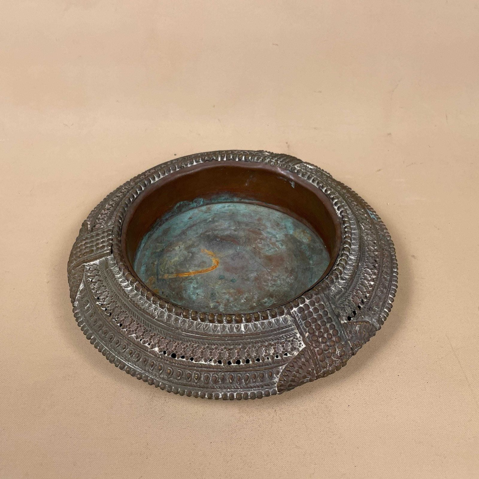 Antique Indian Copper Metal Candle Holder Tea Light Lantern India Dinner Candlestick Metal Work Pattern Handmade Traditional Flat Asian photo furniture