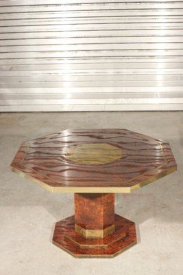 Burl Lacquer And Brass Dining Table By Jean Claude Mahey For Maison Roméo, 1970s photo furniture