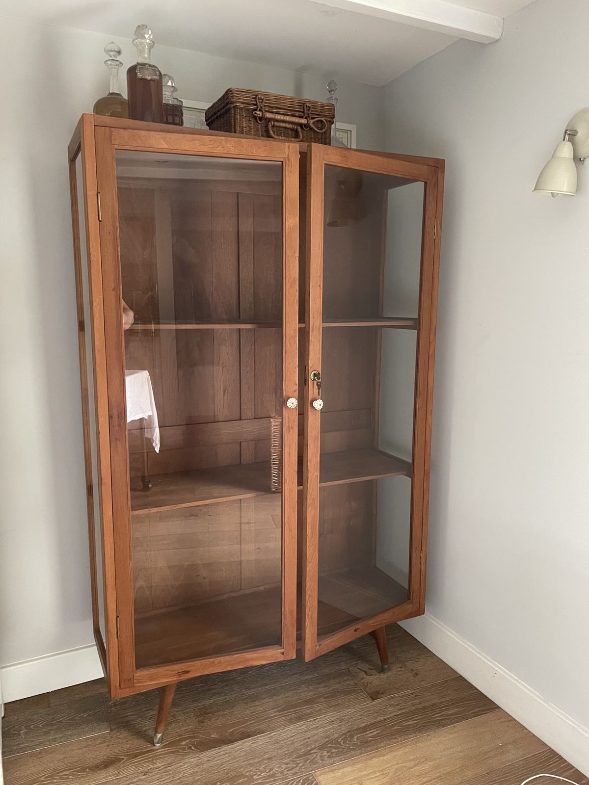 1960s Teak Glass Cabinet With Brass Capped Feet