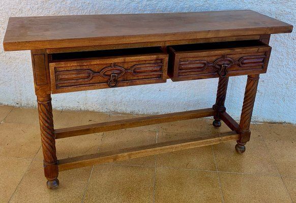 Vintage Carved Walnut Console Table With Solomonic Legs And Two Drawers, 1940s photo 2363.0