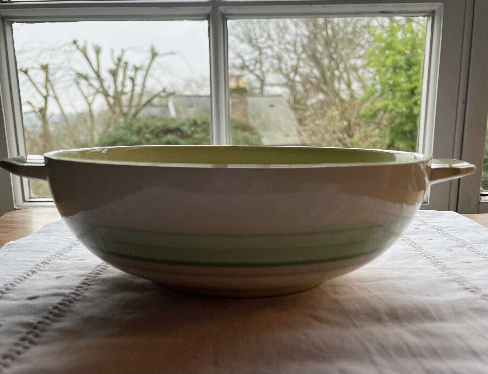 A Pair Of Art Deco 'Sunbuff' 1930s Ceramic Handled Serving Bowls By Gray's Pottery In Delicate Shades Of Green And Cream Available Singly photo for sale