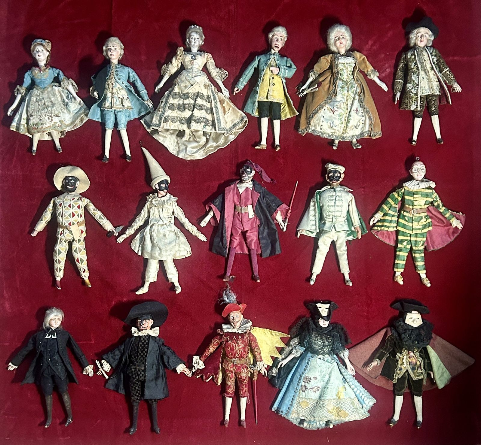 Very Rare Museum Quality Collection Of 16 Venetian Marionette Puppets From 18th Century Commedia Dell’arte Theatre Venice photo furniture