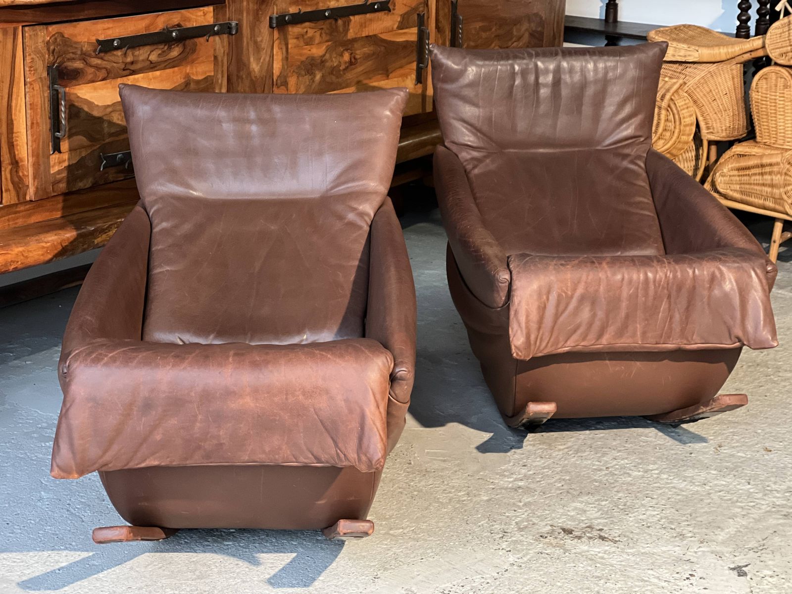 Furniture Pair Of De Sede Rocking Chairs, Switzerland 1970 In Brown Leather photo