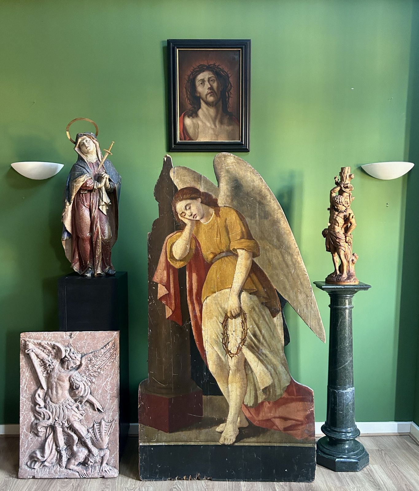 19th Century Life Size Oil Painting On Carved Wooden Panel Of A Mourning Angel & Crown Of Thorns photo Art