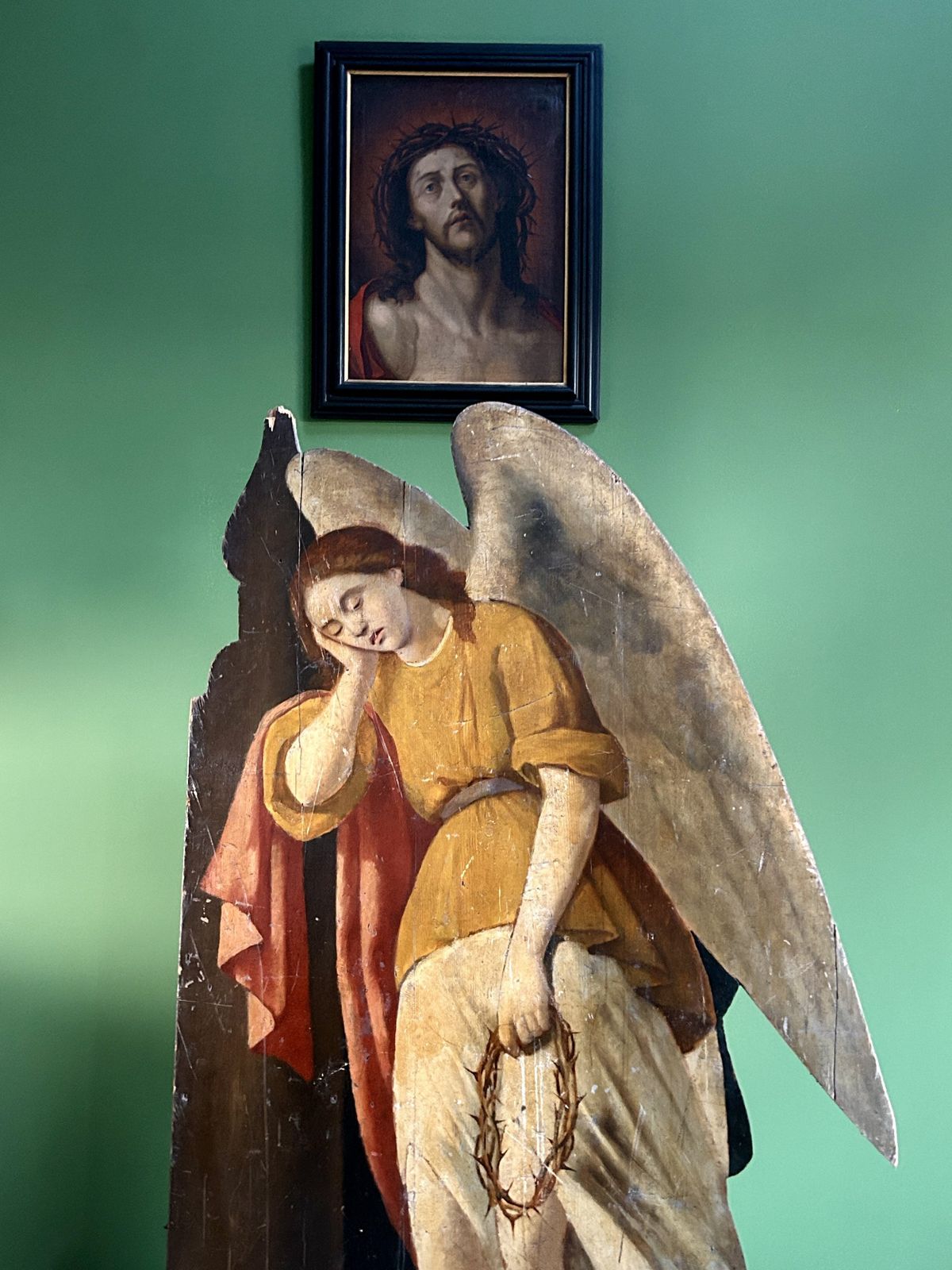 19th Century Life Size Oil Painting On Carved Wooden Panel Of A Mourning Angel & Crown Of Thorns photo 1775.0