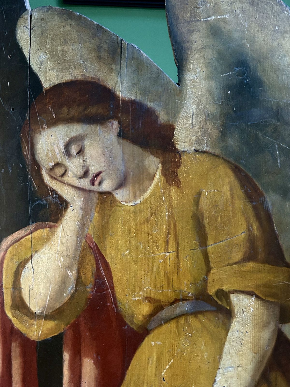 19th Century Life Size Oil Painting On Carved Wooden Panel Of A Mourning Angel & Crown Of Thorns photo vintage