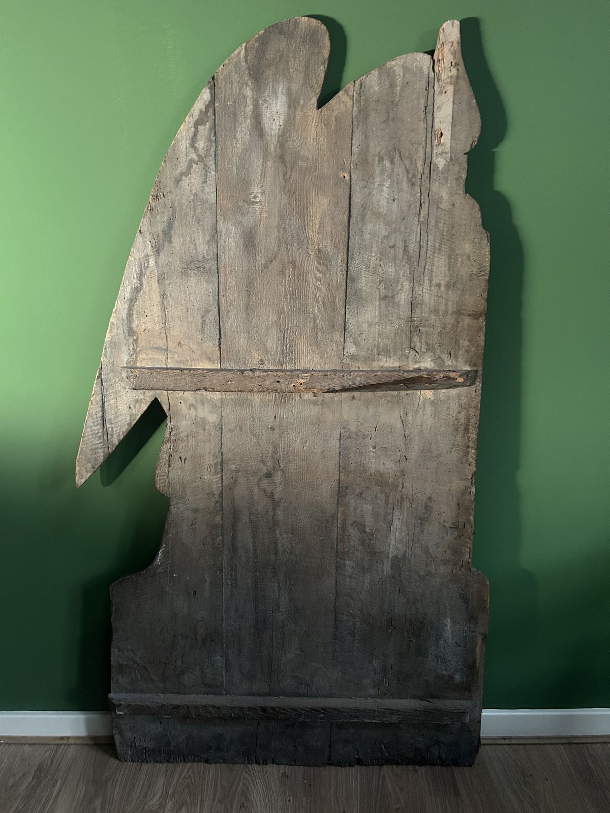 photo for sale 19th Century Life Size Oil Painting On Carved Wooden Panel Of A Mourning Angel & Crown Of Thorns