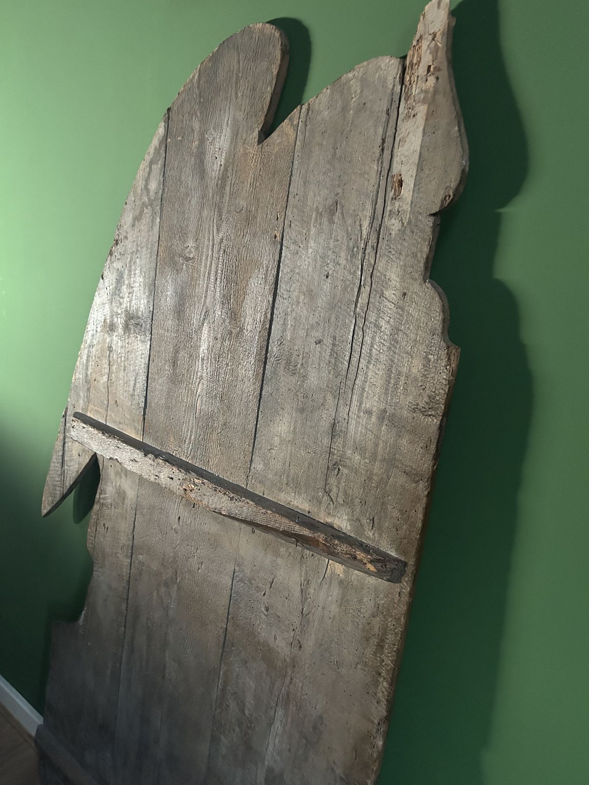 Art 19th Century Life Size Oil Painting On Carved Wooden Panel Of A Mourning Angel & Crown Of Thorns photo