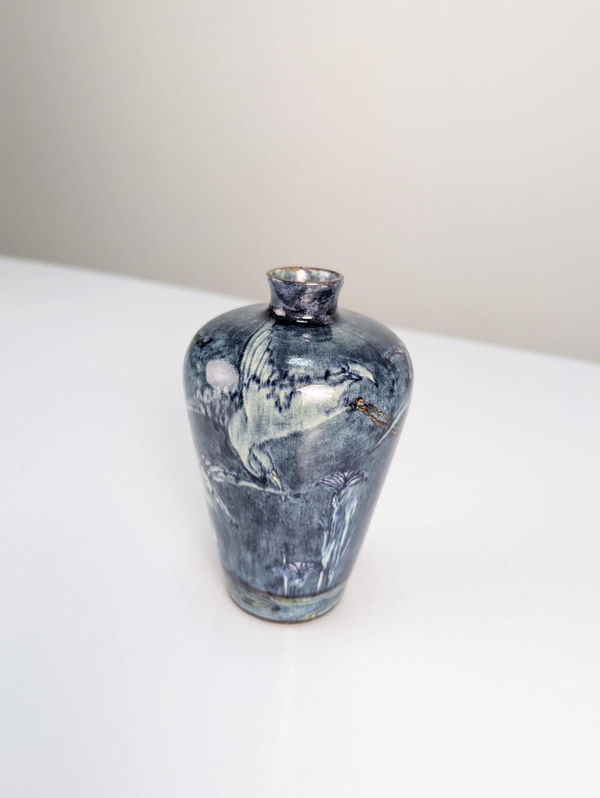 Art Nouveau Vase With Herons And Flowers On The Lake By J.W. Mijnlieff, Fayence Holland Utrecht 1900s photo vintage