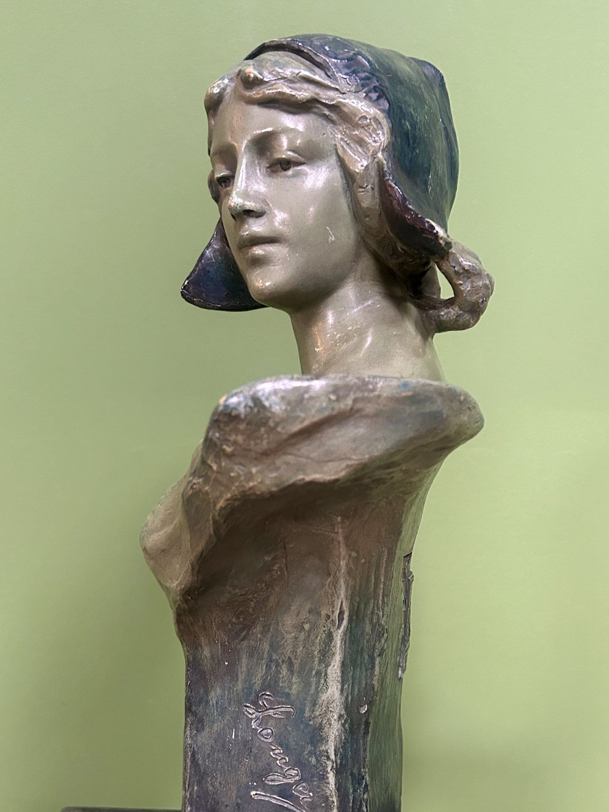 photo for sale Antique Art Nouveau Goldscheider Polychrome Terracotta Bust Of A Dutch Maiden C.1900