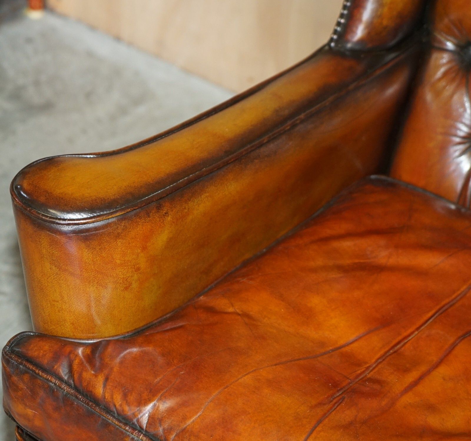 Pair Of William Morris Chesterfield Tufted Wingback Brown Leather Armchairs photo vintage