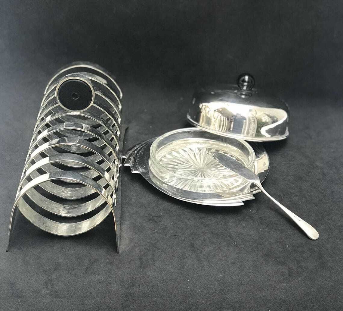 Butter Dish With Lid Toast Rack Holder 8 Slices Silver Plated Breakfast Set Wedding Gift Hostess Gift photo furniture