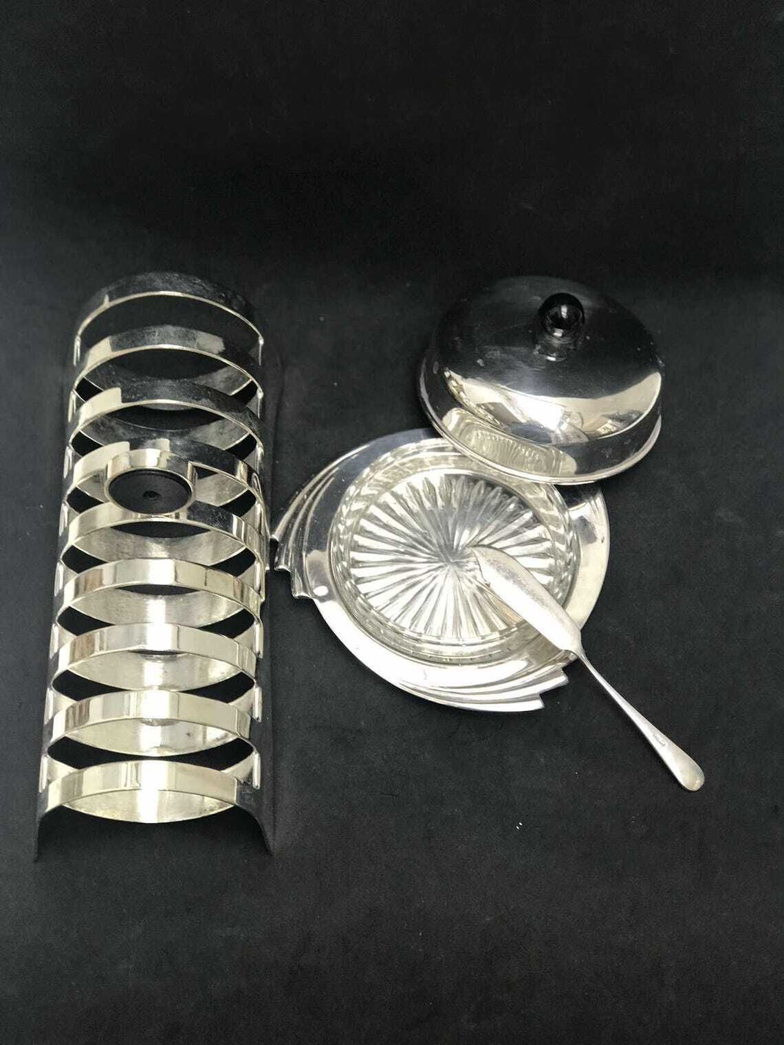 Butter Dish With Lid Toast Rack Holder 8 Slices Silver Plated Breakfast Set Wedding Gift Hostess Gift photo vintage