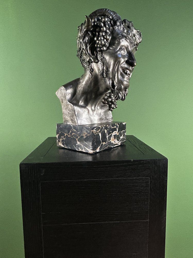 photo vinterior French Antique Bronze Bust Of A Satyr / Faun By Alix Marquet   1914
