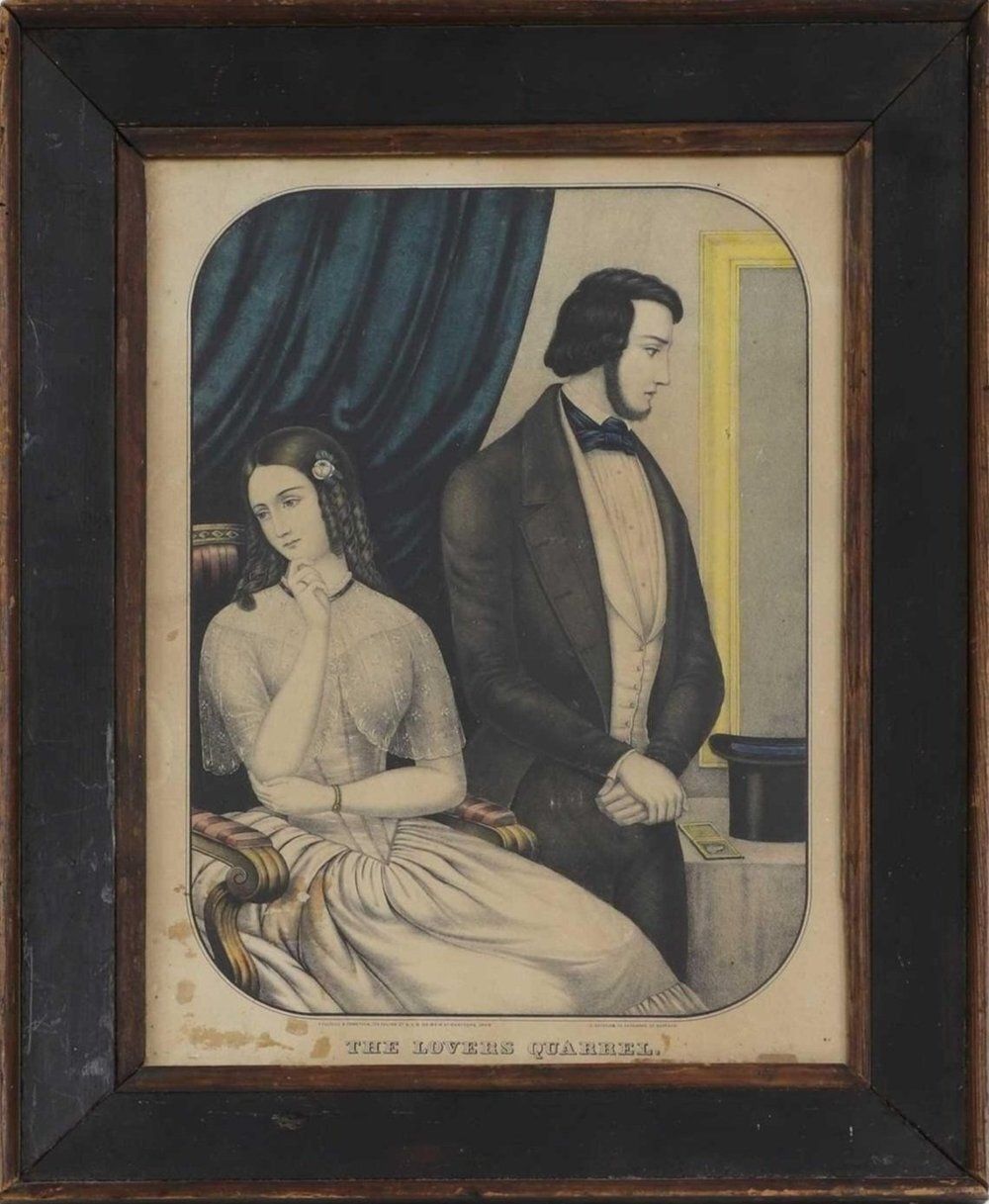 19th Century Antique Hand Coloured Framed Lithograph Of The Lovers Quarrel By Nathaniel Currier 1846 photo for sale