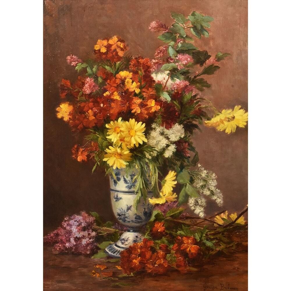 Antique Flower Painting, Daisies And Lilacs Flowers, Oil On Canvas, Late 19th Century. (Qf630) photo for sale