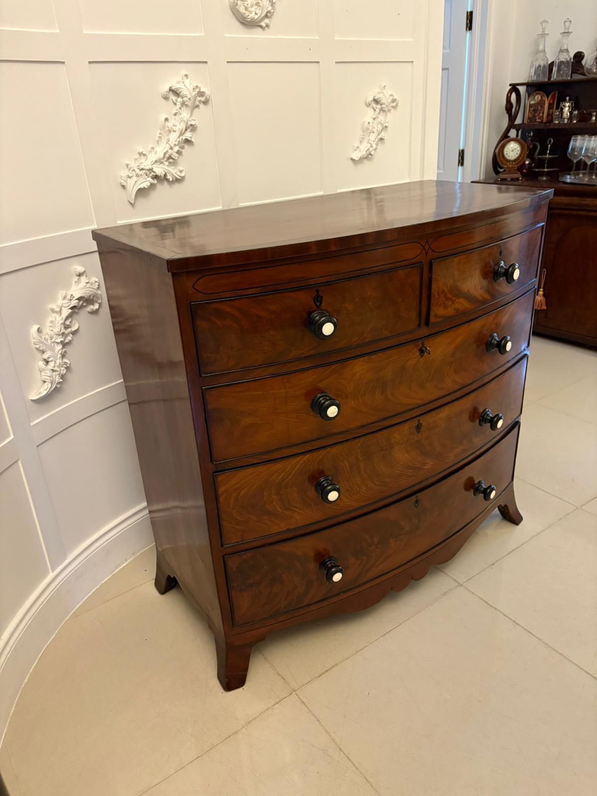 Outstanding Quality Antique Figured Mahogany Bow Fronted Chest Of 5 Drawers photo 2295.0