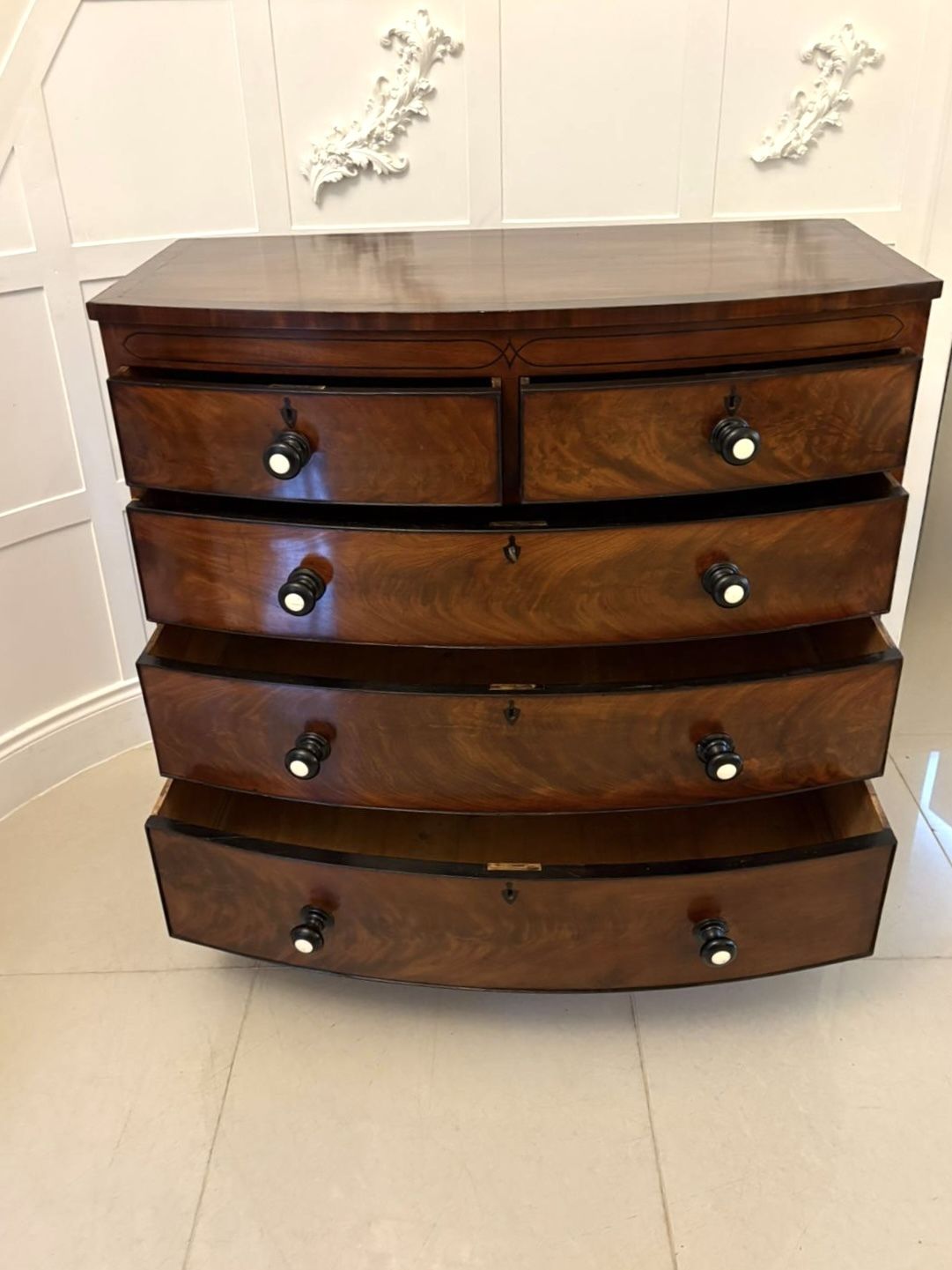photo furniture Outstanding Quality Antique Figured Mahogany Bow Fronted Chest Of 5 Drawers