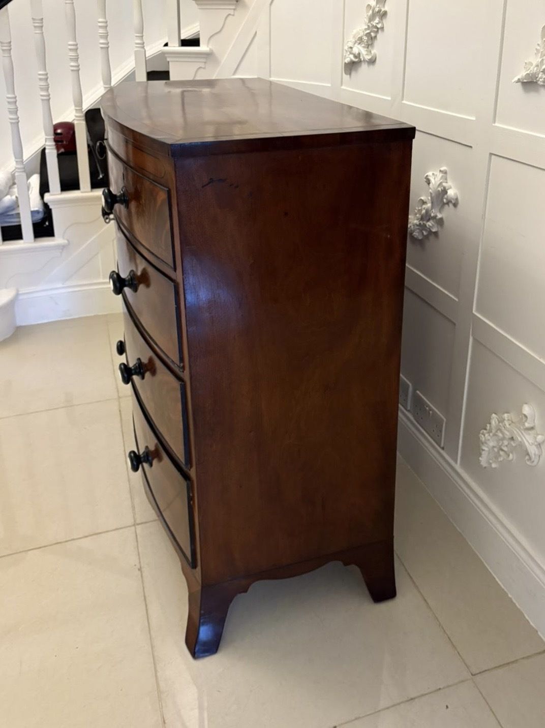 photo for sale Outstanding Quality Antique Figured Mahogany Bow Fronted Chest Of 5 Drawers