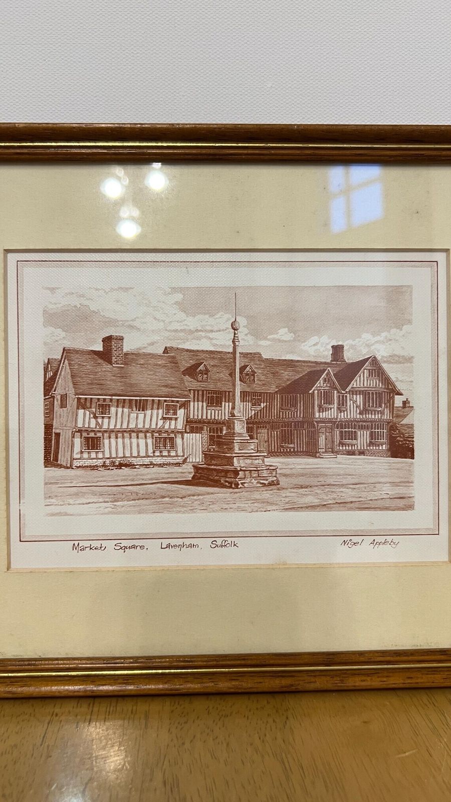 Set Of Two Mid Century Framed Architectural Pictures Of Custom House Wharf Kings Lynn And Market Square Lavenham By Nigel Appleby photo for sale