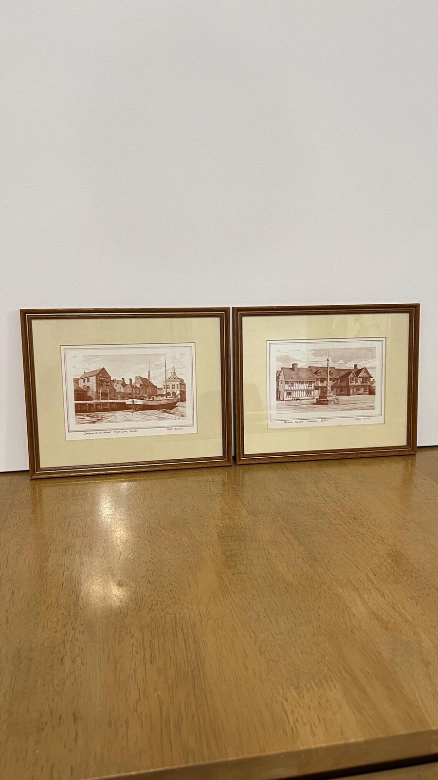 Set Of Two Mid Century Framed Architectural Pictures Of Custom House Wharf Kings Lynn And Market Square Lavenham By Nigel Appleby photo buy