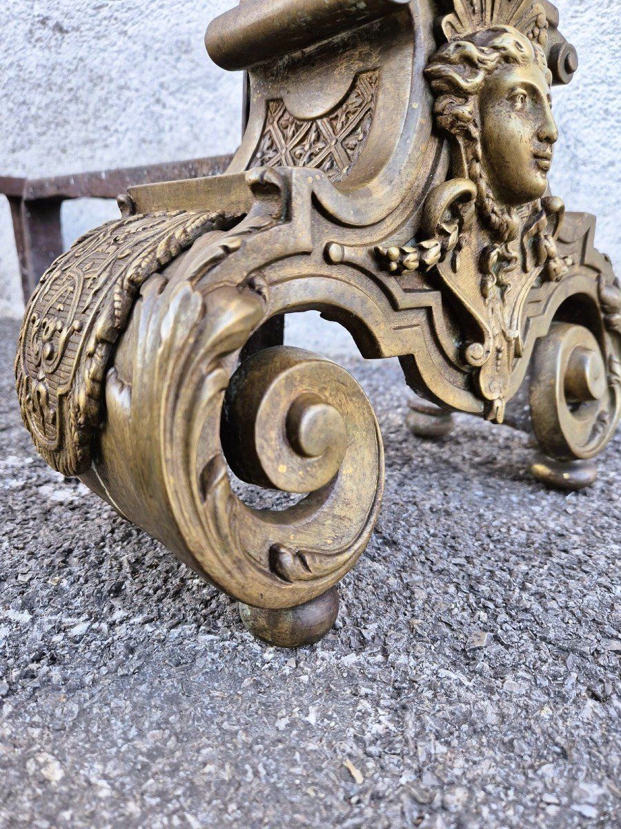 Pair Of Louis XIV Style Bronze And Iron Andirons, 19th Century photo vinterior