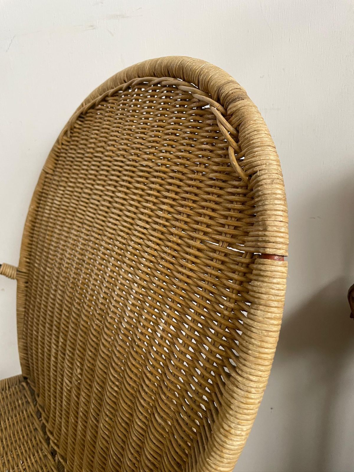 Vintage Iron Frame Carver Chair With Woven Rattan Cane Upholstery And Curved Legs photo buy