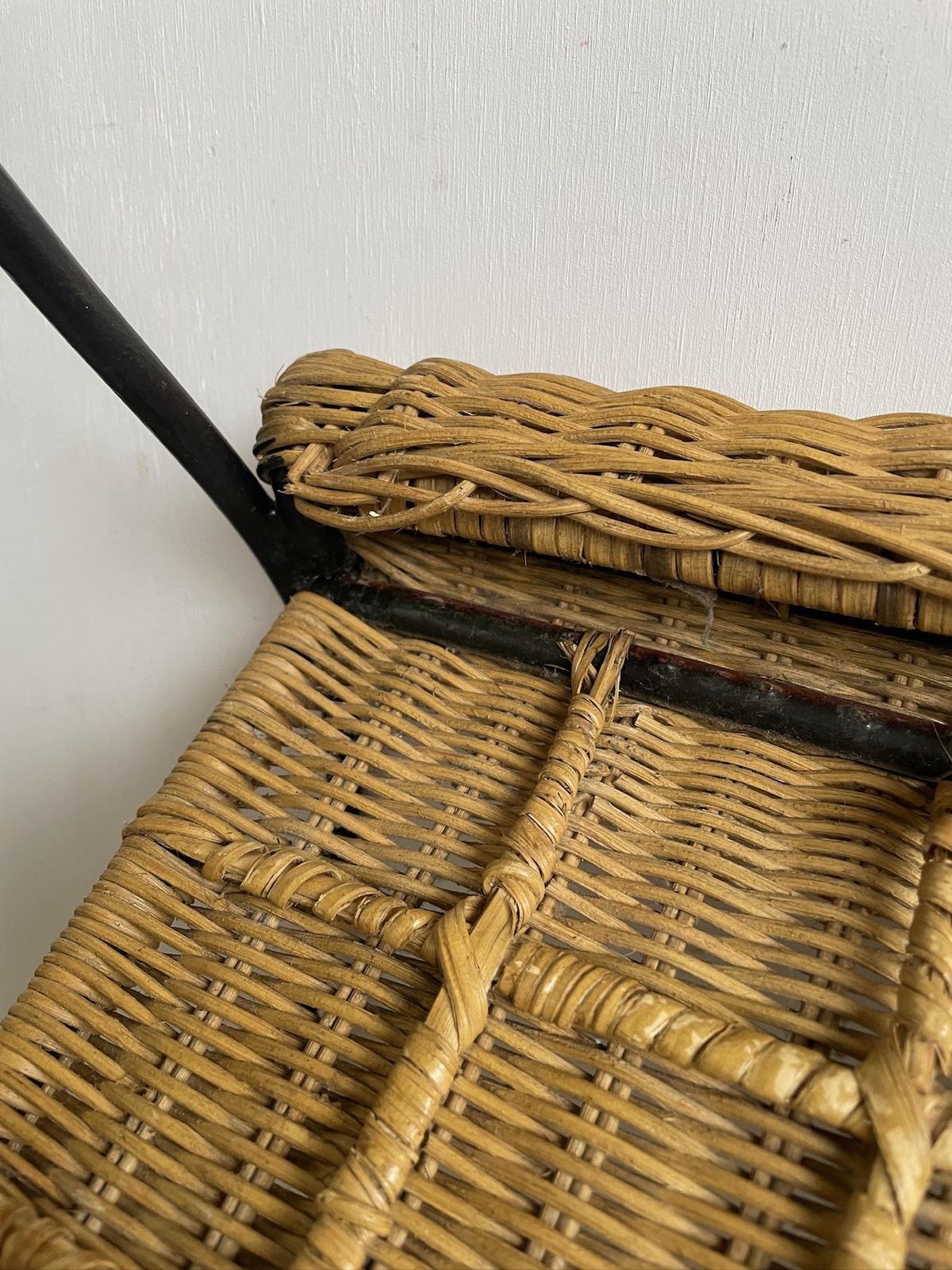 photo for sale Vintage Iron Frame Carver Chair With Woven Rattan Cane Upholstery And Curved Legs