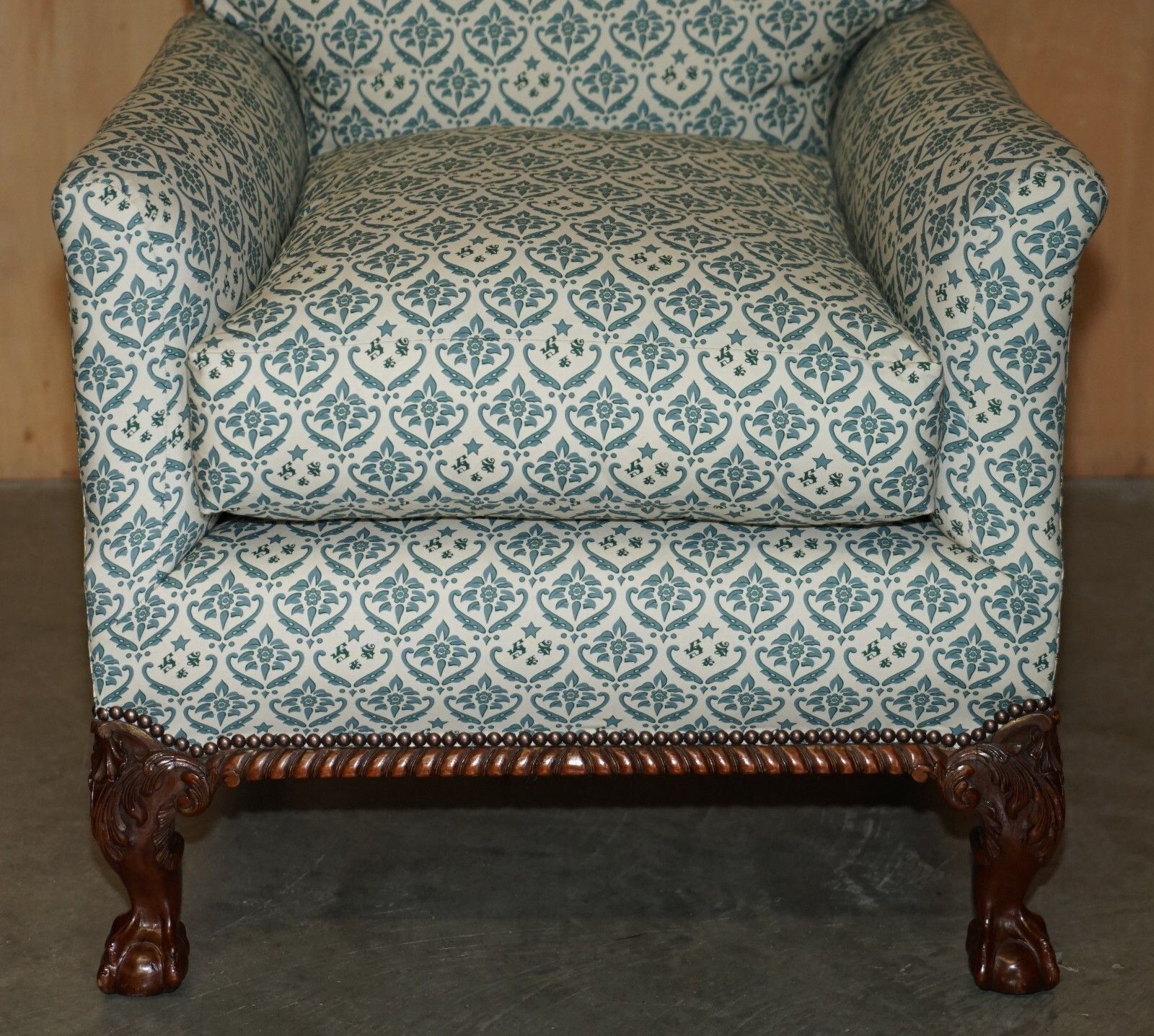 photo for sale Fully Restored Antique Howard & Son's Claw & Ball Feet Armchair Ticking Fabric
