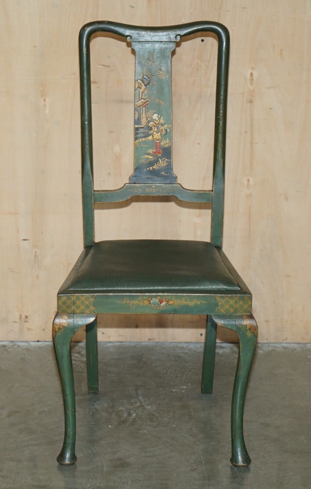 Pair Of Antique Painted Finish Chinese Export Chinoiserie Green Side Chairs photo Furniture