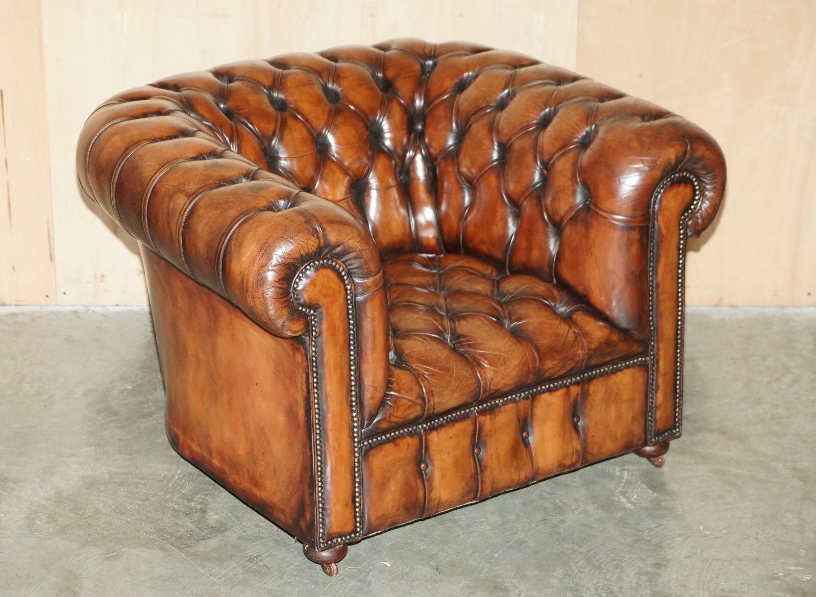 Restored Antique Chesterfield Club Armchair Brown Leather Porcelain Castors
