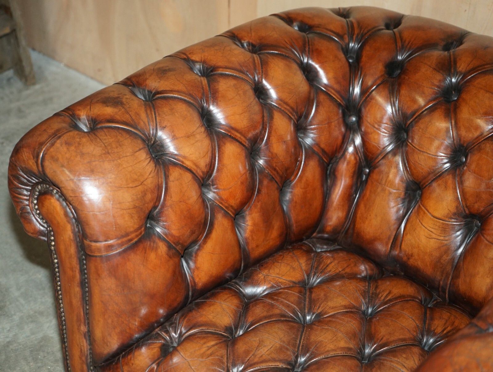 Restored Antique Chesterfield Club Armchair Brown Leather Porcelain Castors photo vintage