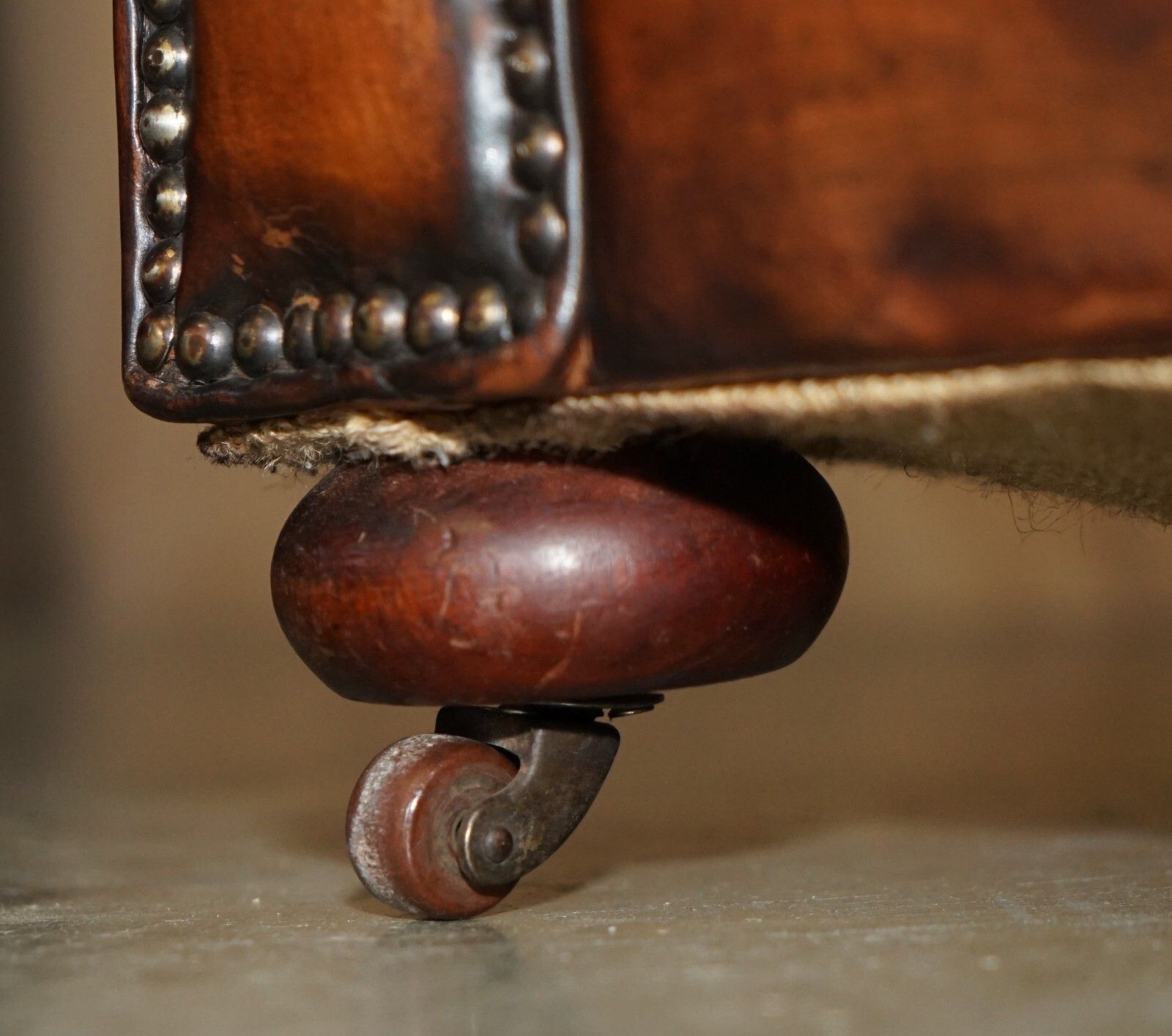 2850.0 Restored Antique Chesterfield Club Armchair Brown Leather Porcelain Castors photo