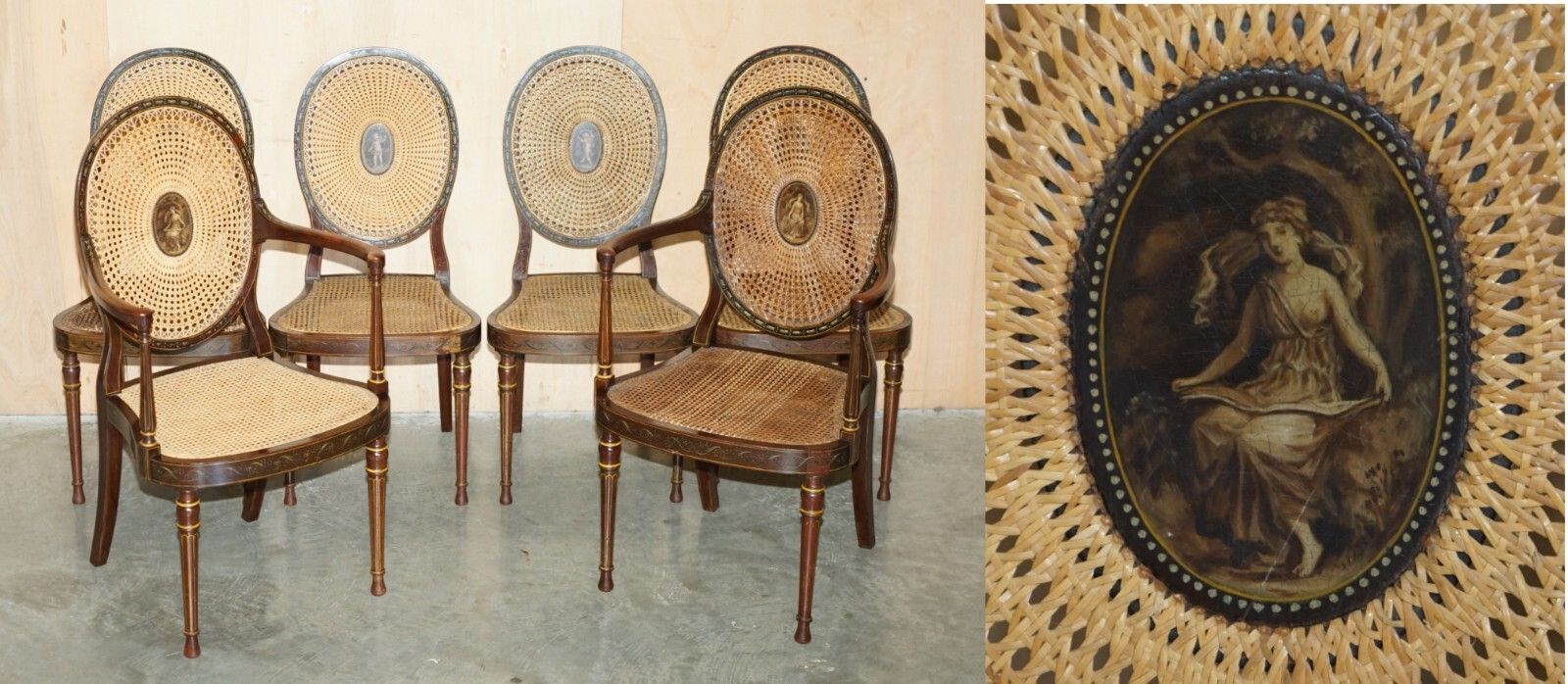 Six Antique George Hepplewhite Bergere Sheraton Revival Painted Dining Chairs