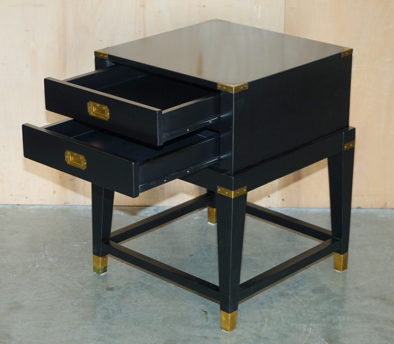 1 Of 2 Ebonised Black & Brass Military Campaign Style Nightstand Side End Tables photo vintage