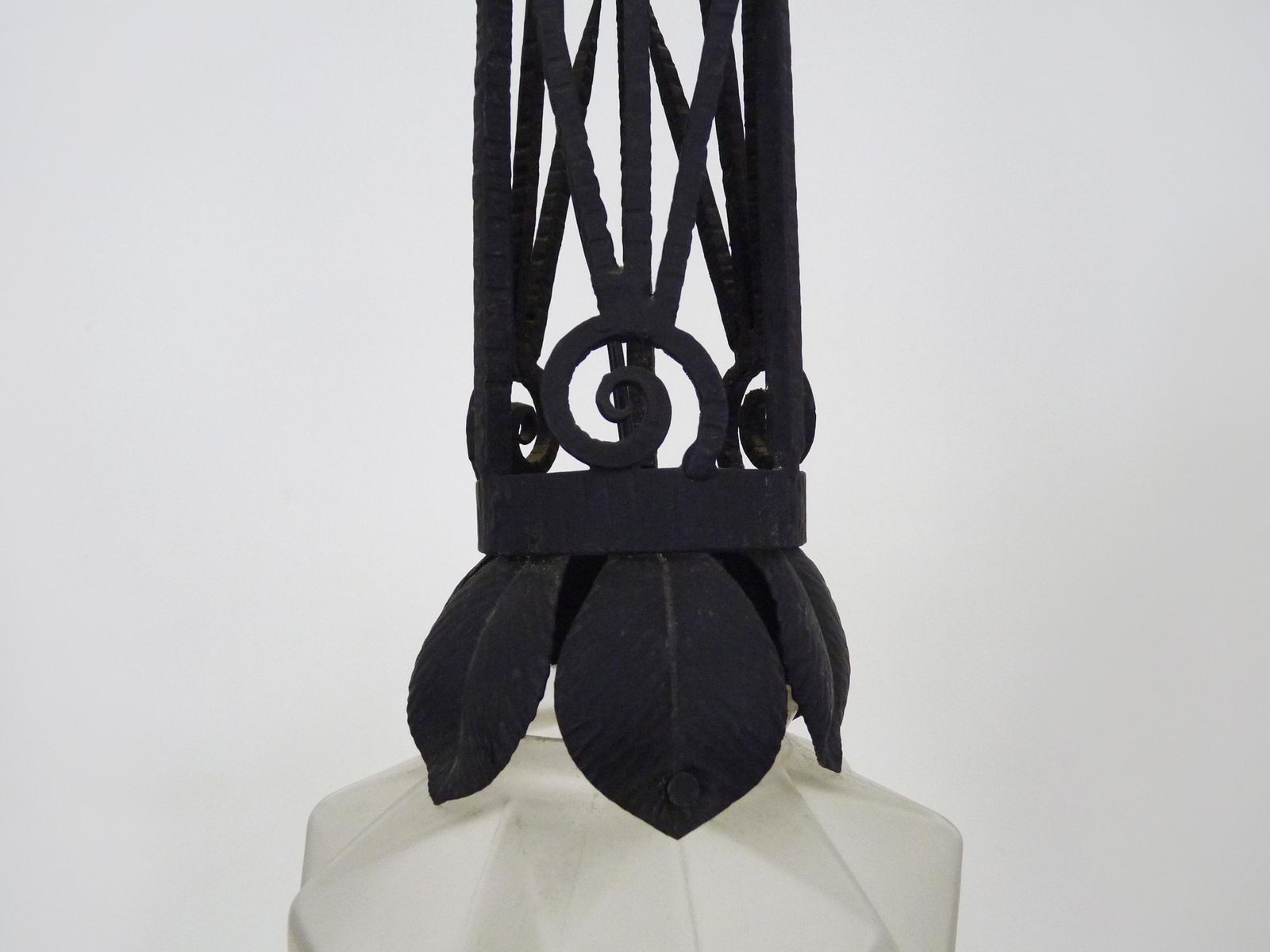 Chandelier, Art Deco Pendant Light In Wrought Iron And Star Globe In Glass Paste. 1930s photo Lighting