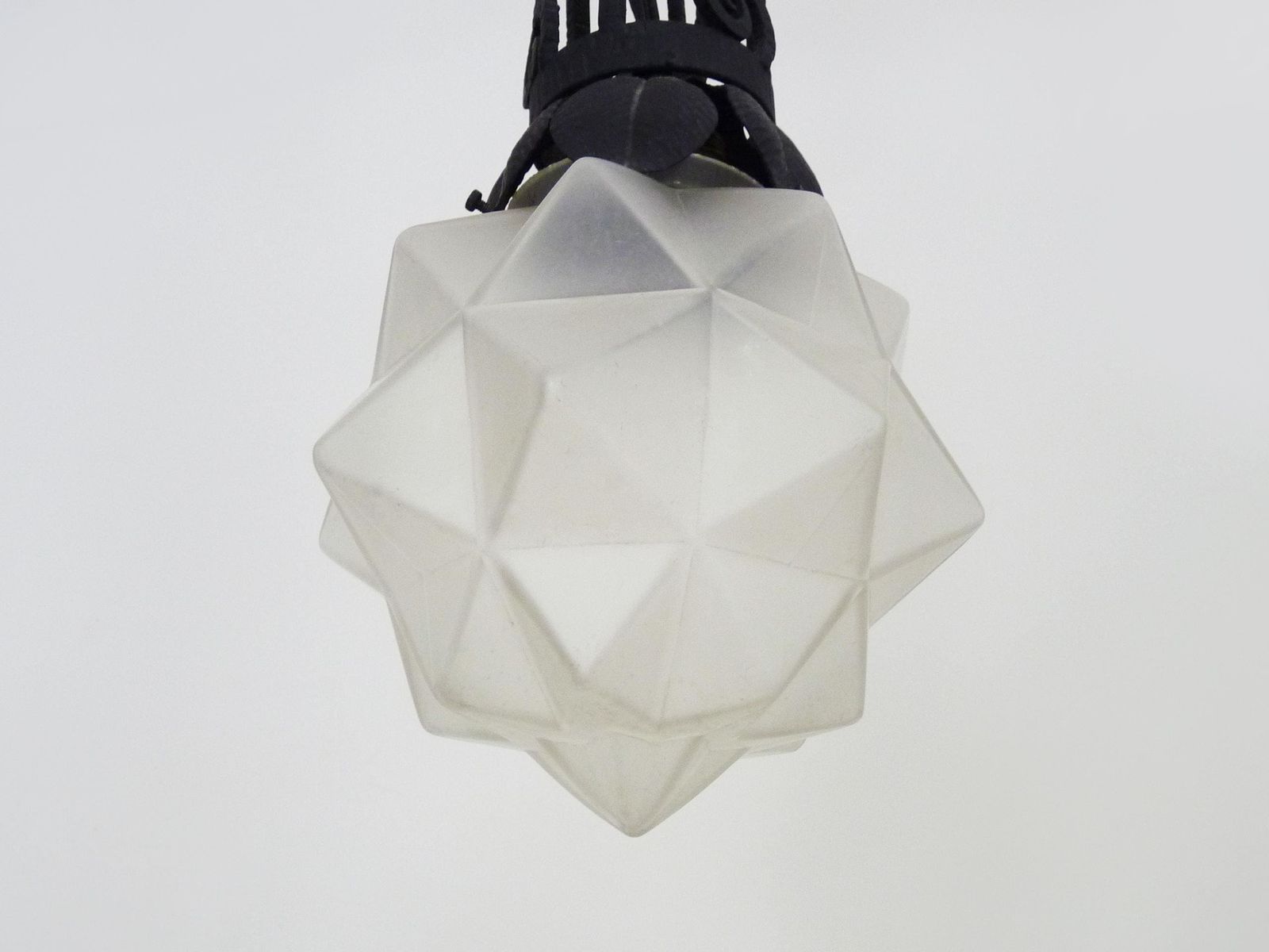 Chandelier, Art Deco Pendant Light In Wrought Iron And Star Globe In Glass Paste. 1930s photo vinterior