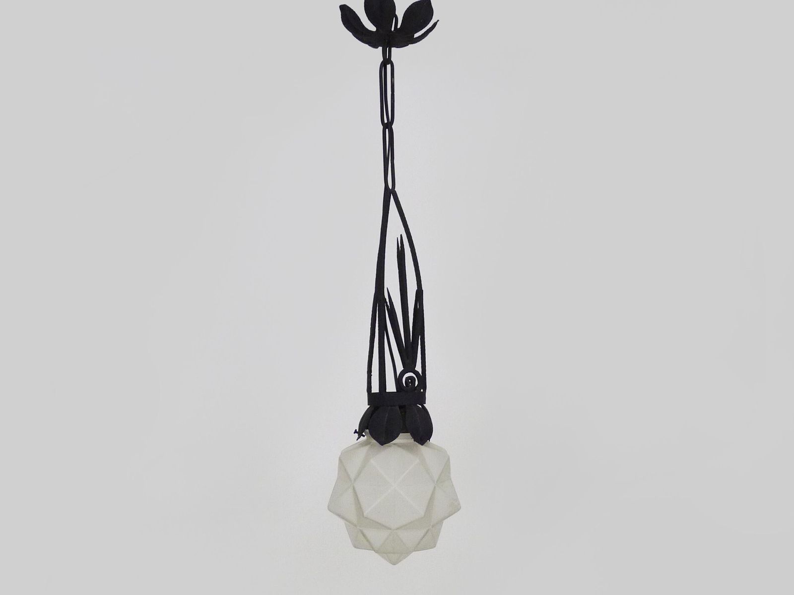 Chandelier, Art Deco Pendant Light In Wrought Iron And Star Globe In Glass Paste. 1930s photo buy