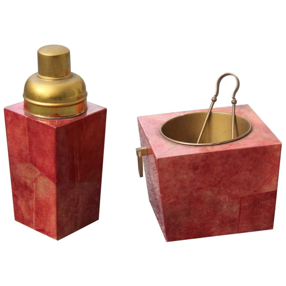 Set Aldo Tura Box Pitcher Red Color Brass And Goatskin Mid Century Modern 1950s